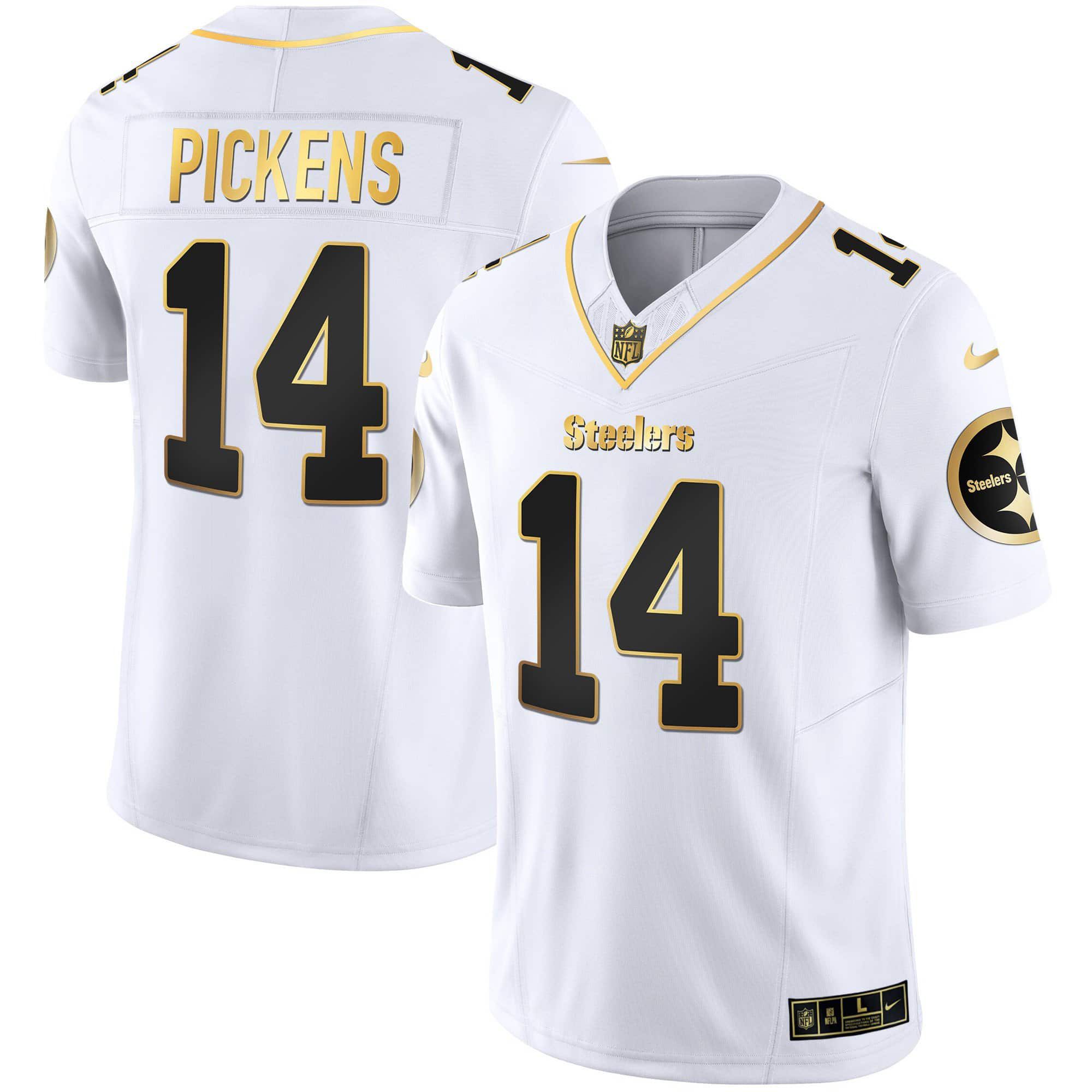 Men Pittsburgh Steelers 14 Pickens White Gold 2024 Nike Vapor Limited NFL Jersey